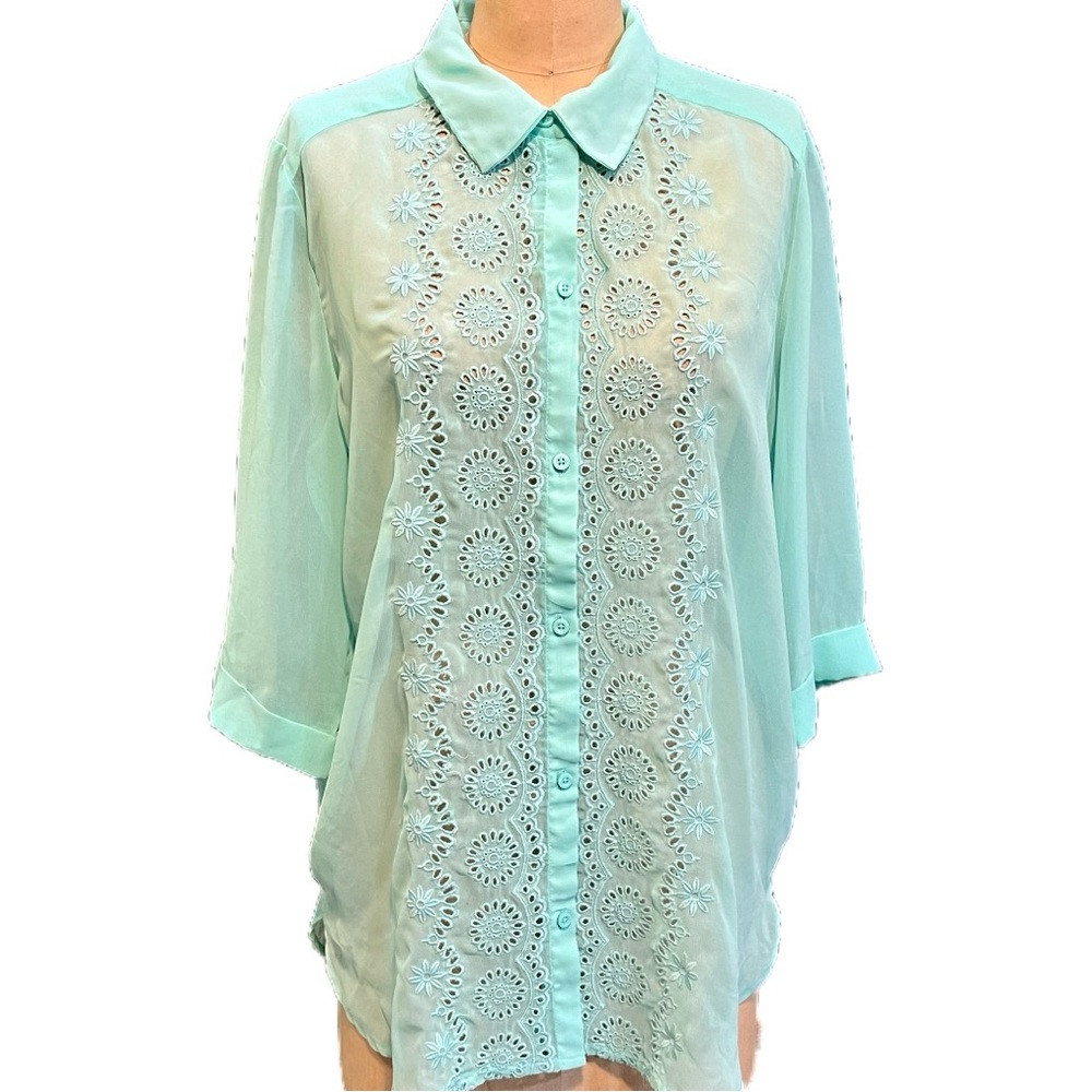 Seafoam aqua eyelet floral lace button down shirt blouse lightweight sheer beach - Picture 3 of 12